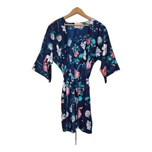 Vintage Katherine Bishop Kimono Robe Women's Small Blue Floral Gown Waist Tie